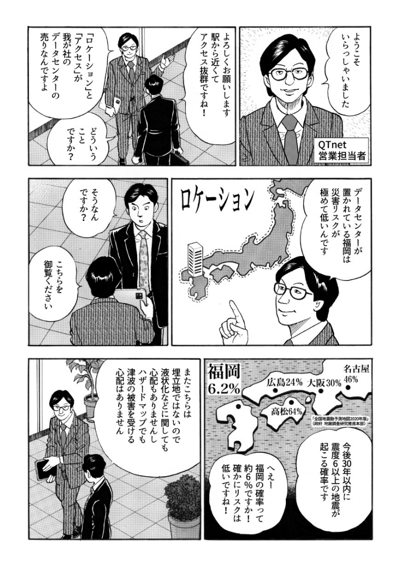 福岡のデータセンターで説明を受けると、福岡の災害リスクは低く、今後30年以内に震度6以上の地震が起こる確率は約6%。埋立地でないので液状化のリスクも無く、津波の影響も受けない想定だという。