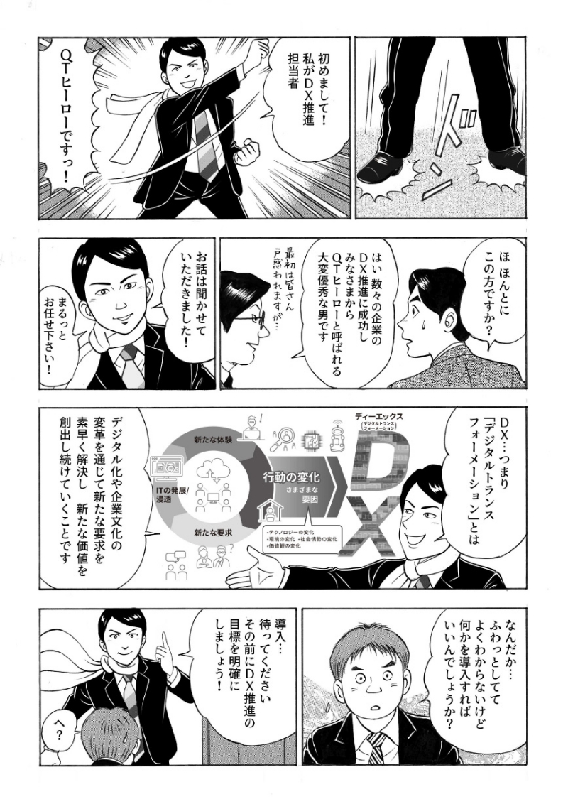 DX推進担当者のQTヒーローが登場し、DXの説明を若井力也と城之内護に行う
