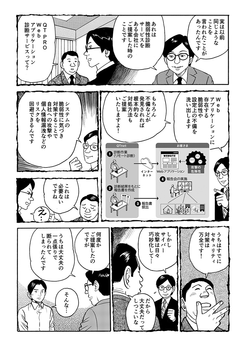 QT PROは、以前顧客に同じようなことを言われたことがあったと明かす。Webアプリケーションサービスという脆弱性診断サービスを過去に提案した際、「すでにセキュリティは万全なので、必要ない」と断られたと。サイバー攻撃が日々巧妙化する今、Webアプリケーションに存在する脆弱性や設定上の不備を洗い出し、問題があれば根本的な対処方法まで提案するというものだったが、自社のセキュリティ対策に安心しきっており、相手にしてもらえなかったという。
