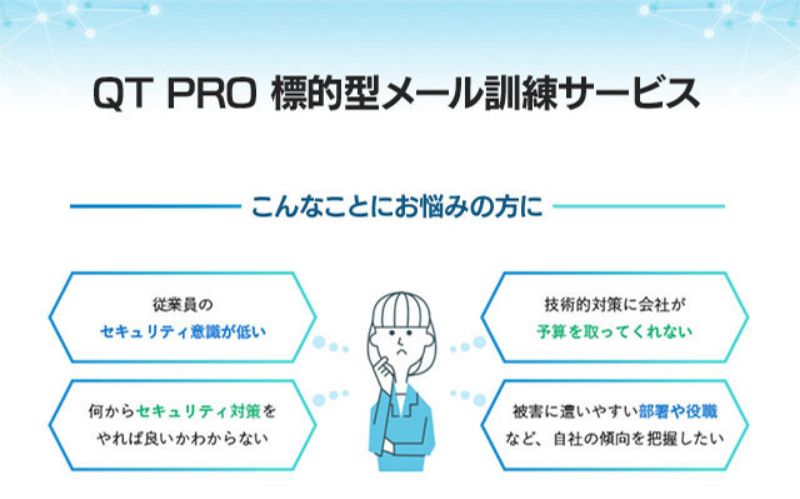 QTPRO 標的型メール訓練サービス こんなことにお悩みの方に 従業員のセキュリティ意識が低い 技術的対策に会社が予算を取ってくれない 何からセキュリティ対策をやれば良いかわからない 被害に遭いやすい部署や役所など、自社の傾向を把握したい