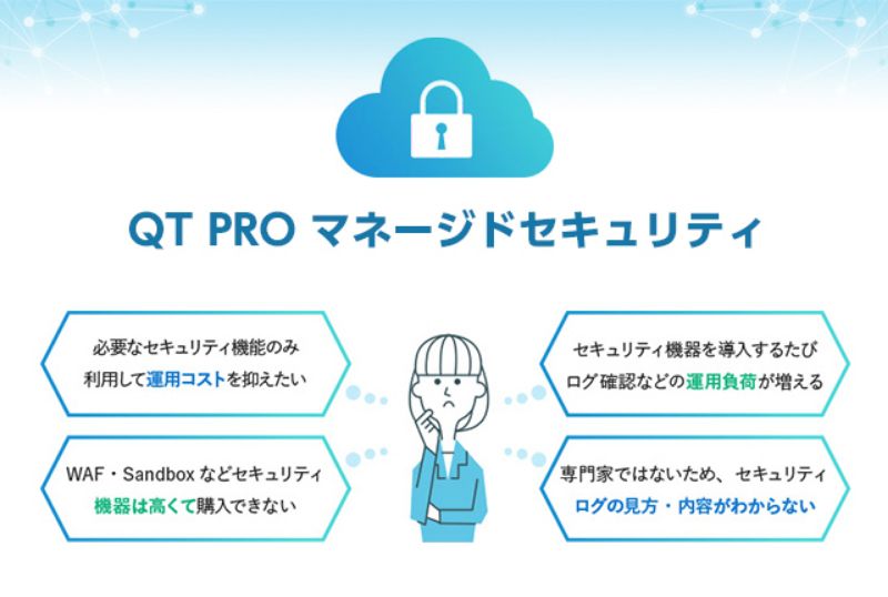 QT PRO マネージドセキュリティ。必要なセキュリティ機能のみ利用して運用コストを抑えたい。セキュリティ機器を導入するたびログ確認などの運用負荷が増える。WAF・Sandboxなどセキュリティ機器は高くて購入できない。専門家ではないため、セキュリティログの見方・内容がわからない。