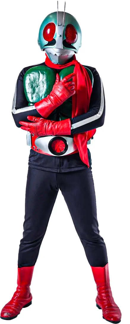 腕を組んでいる仮面ライダー1号の全身写真