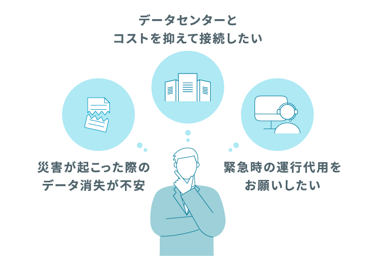 災害が起こった際のデータ消失が不安。データセンターとコストを抑えて接続したい。緊急時の運行代用をお願いしたい。